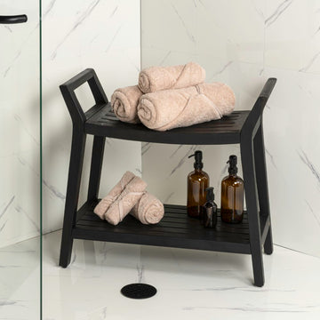 Orla 25.6" Modern Classic Slatted Solid Acacia Wood Indoor/Outdoor Shower Bench with Shelf and Handle